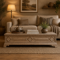 Table basse rectangulaire moderne, luxueuse, artisanale, durable, multifonctionnelle, avec panneau de rangement et motifs en relief diamantés sur le devant