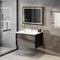 Meuble-lavabo mural moderne à miroir LED, résistant à l'eau et durable, avec deux tiroirs et un seul lavabo