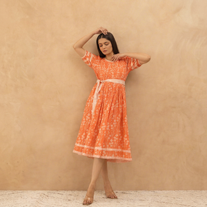 Robe midi en mousseline de soie à imprimé floral orange avec ceinture, col rond, coupe évasée, robe d'été décontractée, robe élégante et magnifique, confortable - Product Image 1