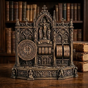 Calendrier Perpétuel en Résine Gothique Chrétienne Personnalisé en Gros, Calendrier de Bureau Antique Bronze, Ornement Décoratif pour Chambre - Product Image 1