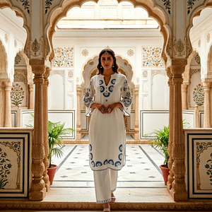 Conjunto de Kurta y Pantalón de Algodón Blanco Bordado Tradicional para Mujer, Corte Regular, Estilo Casual de India y Pakistán - Product Image 1