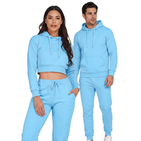 Ensemble jogging et sweat à capuche court pour femme bleu clair, décontracté, en molleton 100 % coton, écologique, respirant, couleur unie, manches longues, automne