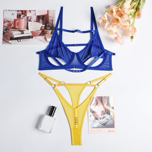 Ensemble de lingerie sexy érotique en maille transparente contrastante, vente en gros, ensemble soutien-gorge et culotte élastique 2 pièces - Product Image 6