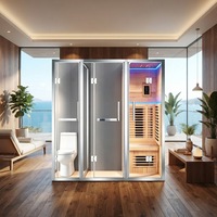 Porte de sauna sans cadre en bois massif avec douche intégrée, construction en bois massif, design moderne, panneau de commande informatisé