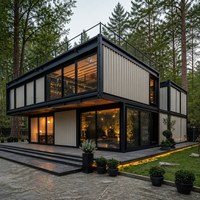 Maison modulaire en conteneur résidentiel avec plan à deux étages, murs en verre et balcon