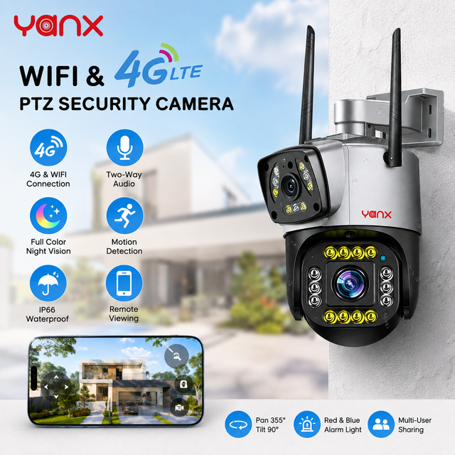 YANX V380pro 4G LTE SIM Card  Dual Lens CCTV Camera Pan-Tilt Waterproof  PTZ Motion Detection Home SD Card