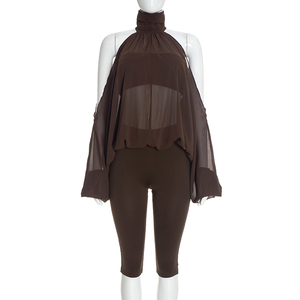 Viviblook C26ST343 Ensemble haut à manches longues et pantalon court sans bretelles pour femme, couleur unie, col rond, épaules dénudées - Product Image 1
