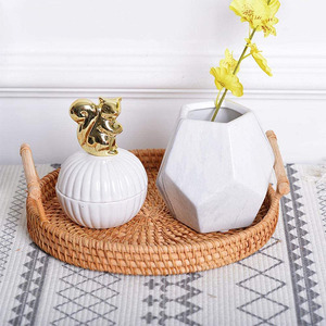 Luxury Home Round Natural Wicker Woven Wood Rattan Tabletop Vase Decorative Trays for Table Decor