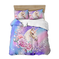 Parure de lit enfant fille motif licorne mignon, 3 pièces, drap-housse imprimé dessin animé