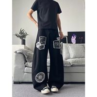 Jean droit noir pour homme, style streetwear gothique, délavé, patchwork, bords bruts, hip-hop, été-automne