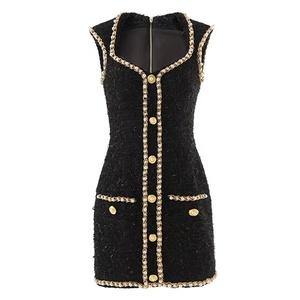 AIMEISI Elegante <span class=keywords><strong>Abito</strong></span> Corto da Donna Senza Maniche con Ricami e Perline in <span class=keywords><strong>Tweed</strong></span> - Product Image 1