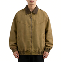 Blouson Bomber en Toile Lavée Style Vintage Personnalisé, Col en Velours Côtelé, Vert Olive, Fermeture Éclair, Décontracté, Résistant à l'Eau et au Vent