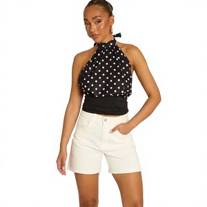 Shorts en jean taille mi-haute pour femme, design déchiré et vieilli élégant, en coton/élasthanne écologique, décontractés - Product Image 1