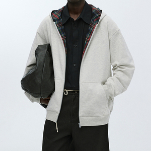 Sweat à capuche zippé entièrement doublé à carreaux, logo personnalisé, coupe ample, manches longues, streetwear décontracté, personnalisation en gros pour hommes - Product Image 2