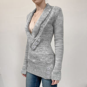 Suéter Sexy de Punto con Cuello en V, Estilo Vintage, Holgado, con Botones, Manga Larga, para Invierno - Product Image 5