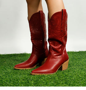 รองเท้าบูทแบบตะวันตกมีส้นหนาสำหรับผู้หญิง, รองเท้าบูทคาวบอยแฟชั่นสีขาวสำหรับผู้หญิงรองเท้าบูทหนัง PU หัวรองเท้าคุณภาพดี - Product Image 1