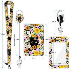 Wholesale <b>Spring</b> Colorful Flower Black Cat ID Badge <b>Clip</b> with Lanyard, Retractable Roller, Easy-Pull Buckle Card Holder Set - Product Image 4