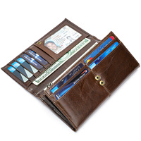 Dompet Kulit Sapi Lapisan Atas Anti RFID Kapasitas Besar dengan Ritsleting, Slot Multi-Kartu, Dompet Kulit Asli untuk Pria Wanita