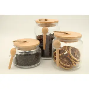 Groothandel Customezation Ronde Clear Glas Jar Glas Opslag Pot En Bus Met Houten Deksel En Lepel Voor Keuken En Thuis