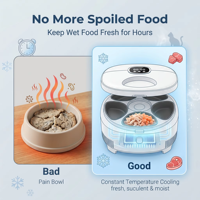 Distributeur automatique de nourriture pour animaux de compagnie, chauffant et réfrigérant, chauffe la nourriture jusqu'à 38,5-40 degrés ° Distributeur de nourriture programmable à 5 repas, 175 ml x 5 bols