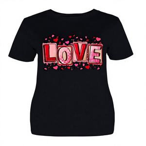 T-shirt pour femmes grandes tailles, col rond, manches courtes, imprimé lettres d'amour, cœur léopard, Saint-Valentin, tissu tricoté décontracté, toutes saisons - Product Image 1