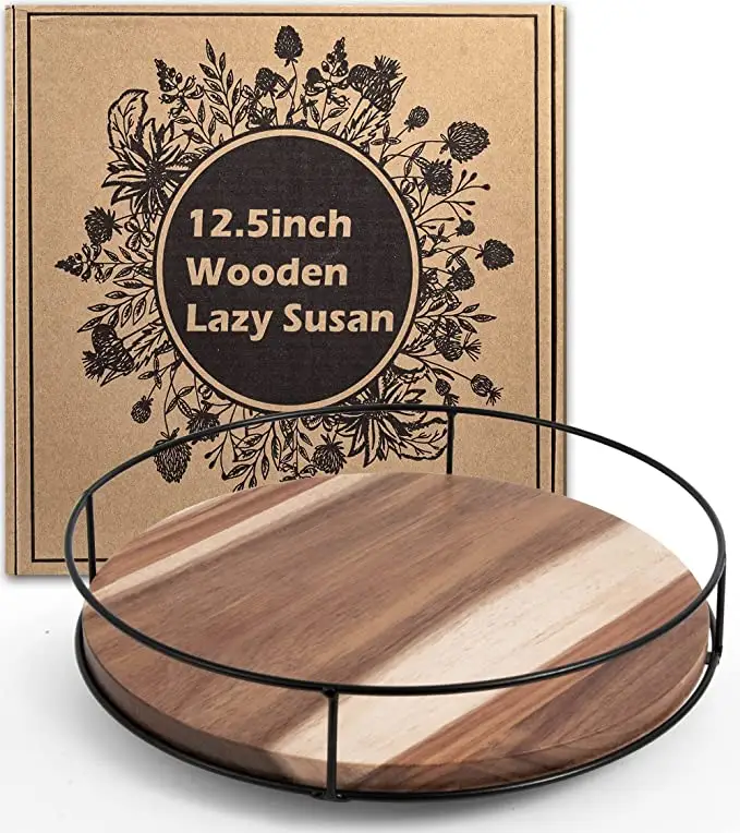 12.5" Acacia Wood Lazy Susan Turntable Kitchen Organizer Turntable with Steel Sides 360 Degree Turntable Countertop Cabinet
