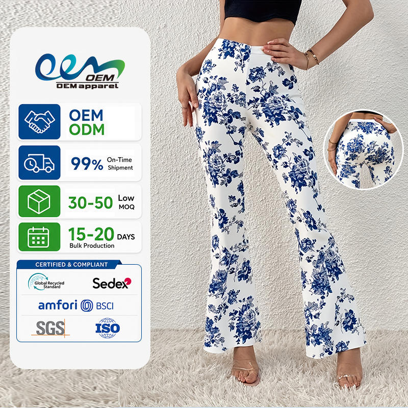 Custom Sportswear Supplier Women Blue Flower Full Printing Breathable Quick Dry Gym Training Pilates Flare Yoga Pants Leggings