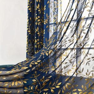 Cortinas transparentes de gasa confeccionadas en línea al por mayor de fábrica con diseño de patrón de hojas doradas - Product Image 3