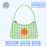 Tas Selempang Motif Bunga Matahari Gingham Hijau Lucu Y2K Retro Kotak-kotak untuk Bordir Wajah Resleting Poliester untuk Wanita Musim Panas
