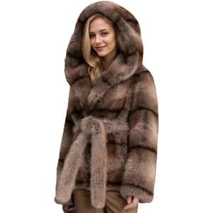 <b>Women's</b> Striped Faux Fur Fox Coat Hooded Long <b>Parka</b> Windproof Belted Luxury <b>Winter</b> Outerwear Casual Fashion Outdoors MASDB - Product Image 1