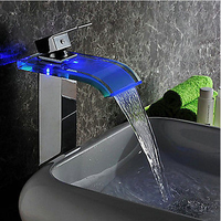 Robinet cascade LED pour salle de bain, lavabo en verre en laiton avec Hydro Power