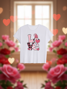 T-shirt da donna bianca con motivo a cuore di gnomo di San Valentino, a maniche corte, girocollo, casual, stampata, in jersey di cotone, per primavera estate - Product Image 2