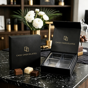 Boîte à chocolats magnétique de luxe personnalisée, 4/9 pièces, emballage rigide en papier noir au toucher doux, étui pour truffes et dattes avec plateau en plastique - Product Image 2
