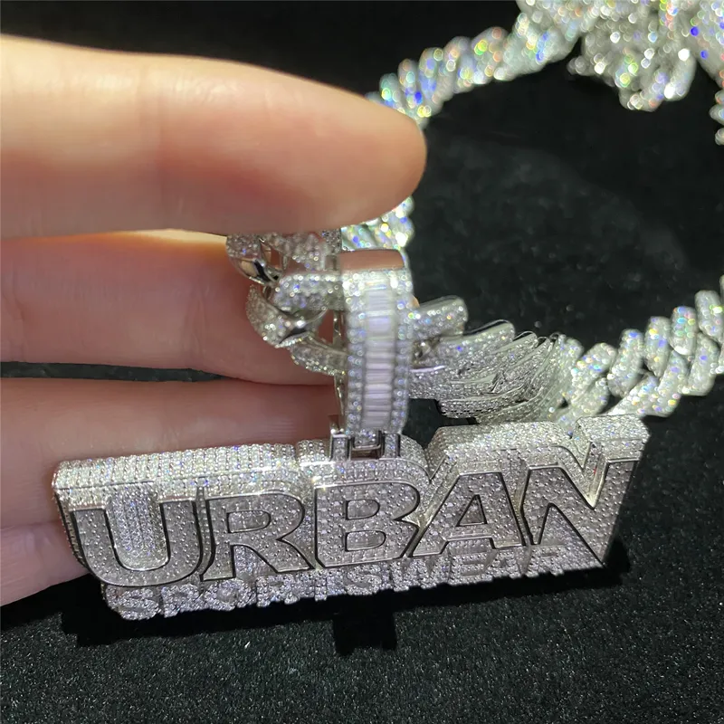 Custom Buss Down Hip Hop Baguette Moissanite Fully Iced Out Gold Plated Name Letters Pendants S925 Initial Name Pendant