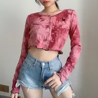 蝶刺Embroidery女性服セクシーなかわいいクロップトップスTシャツ絞り染め長袖トップスブラウス