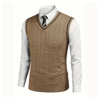 Gilet pull sans manches en maille torsadée camel pour homme avec logo personnalisé, col en V, bordure contrastante, style preppy, décontracté chic