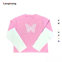 T-shirt personnalisable pour homme, 2-en-1, à manches longues, coupe classique, tissé uni, style streetwear décontracté, avec blocs de couleur et logo personnalisé