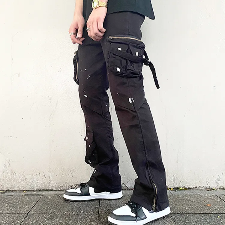 HL 2023 manufacture high quality multi-pocket cargo jeans custom logo paint splash zipper straight leg blank black jeans men