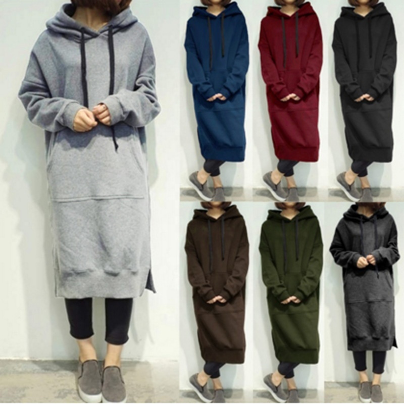 Yihaojia Women's Casual Hoodie Dress - Long Sleeve, Split Hem With Drawstring, Pullover Tunic Sweatshirt