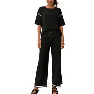 Women's 2-Piece <b>Knit</b> <b>Set</b> - Short Sleeve Contrast Trim Top & Drawstring Wide Leg Pants Outfit Womens Clothes <b>Sets</b> Fashion - Product Image 2