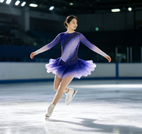 Robe de patinage artistique à manches longues dégradé violet-bleu, jupe à dos ouvert ovale large pour filles adultes, compétition et performance