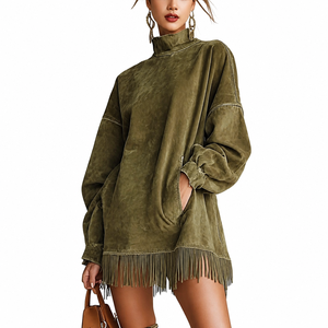 Abito in Camoscio da Donna Stile Europeo <span class=keywords><strong>e</strong></span> Americano 2026, Collo Alto, Tasche Larghe, Frange, Maniche Lunghe per Autunno <span class=keywords><strong>e</strong></span> Inverno - Product Image 1