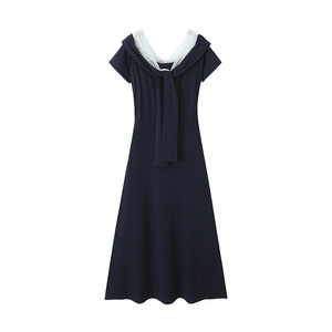 Robe longue femme grande taille Runqi à col marin, bordure en dentelle, détail ruban, manches courtes, taille naturelle, coupe 3D - Product Image 1