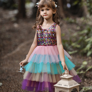 Girls' <b>Sequined</b> Tulle Dress O-Neck Ball Gown Multi Layer Color Block Flower Girl Costume Children's Day Party Wear - Product Image 1