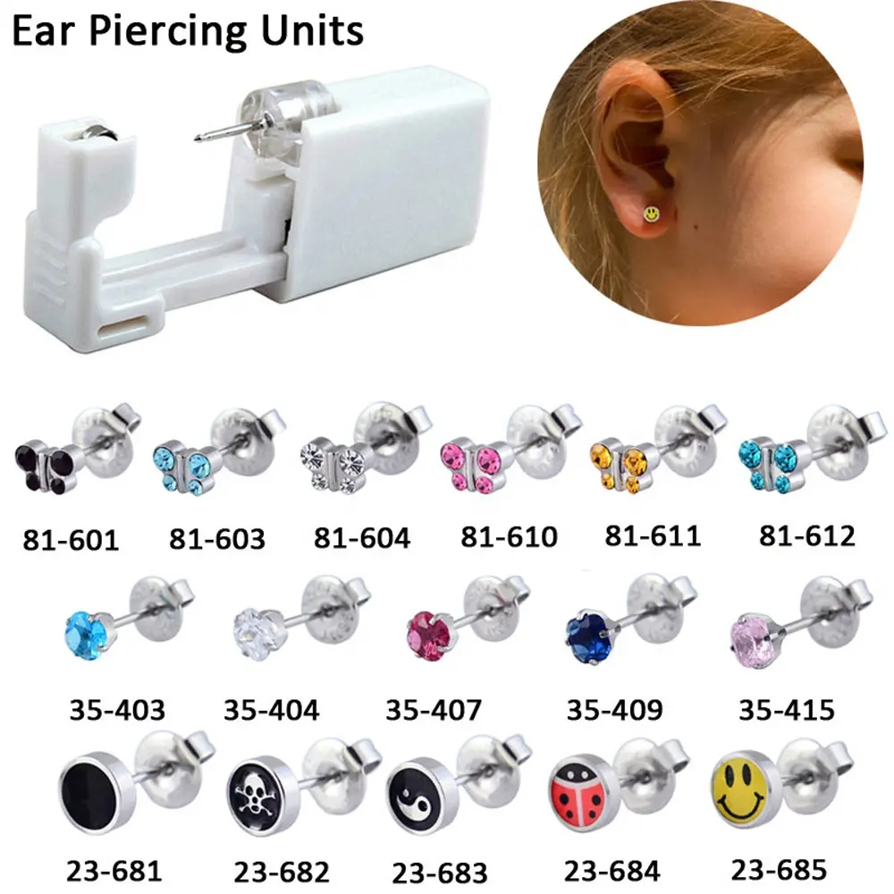 24pcs/बॉक्स डिस्पोजेबल कान भेदी इकाई सुरक्षित बाँझ आसान भेदी गन लोगो तितली कान स्टड शारीरिक भेदी थोक