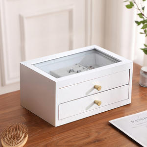 Elegante organizador de joyas Vintage de 2 capas de madera de Paulownia maciza con asas de bronce, caja de almacenamiento superior de vidrio, barniz de aceite de nuez - Product Image 4