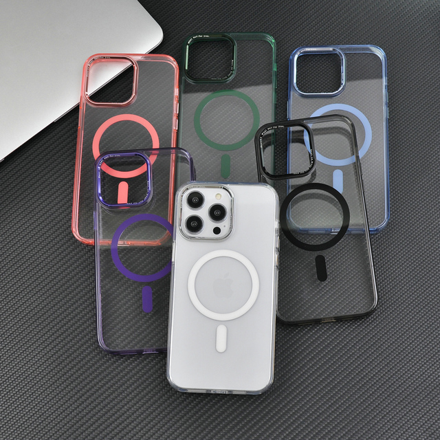 Wireless Charging Armor Phone Case with Metal Camera Frame Clear Magnetic Phone Cover for iPhone 15 14 13 Pro Max Magnetic Case