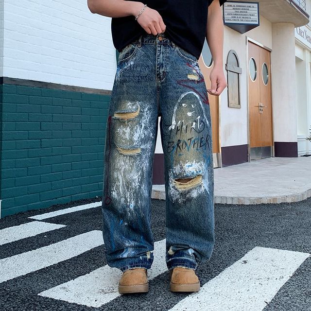 New Style Street Graffiti Distressed Painted Jeans for Men, Straight Fit, Loose and Wide Leg, Trendy Brand, High-end Quality