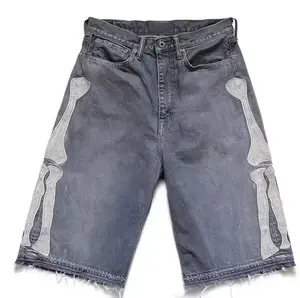 Logo personnalisé Short en jean déchiré de haute qualité pour hommes, style cowboy, longueur au genou, ourlet brut délavé