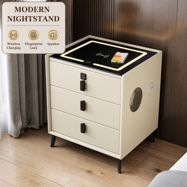 Smart Nightstand with Wireless Charging Fingerprint Lock LED Light Speaker Bedside Table for Hotel Bedroom Apartment